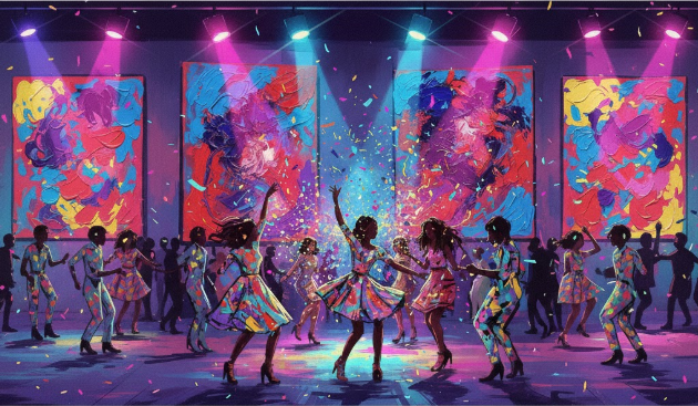 Colorful gallery party scene